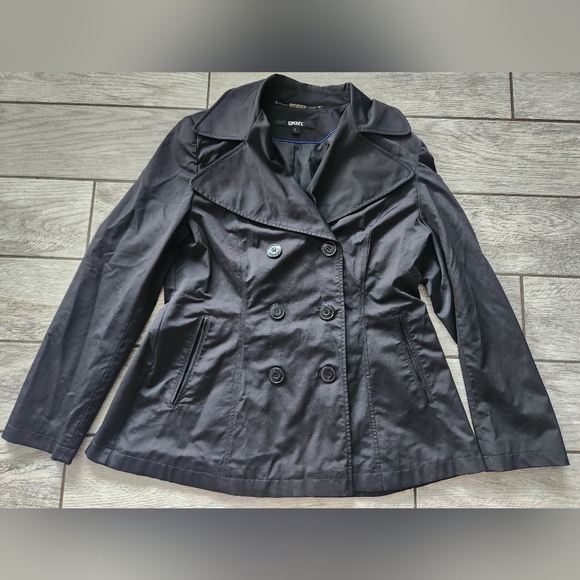 DKNY Black Womens Double Breasted Peacoat Large Pockets Lined Career Fall Work - Picture 4 of 13